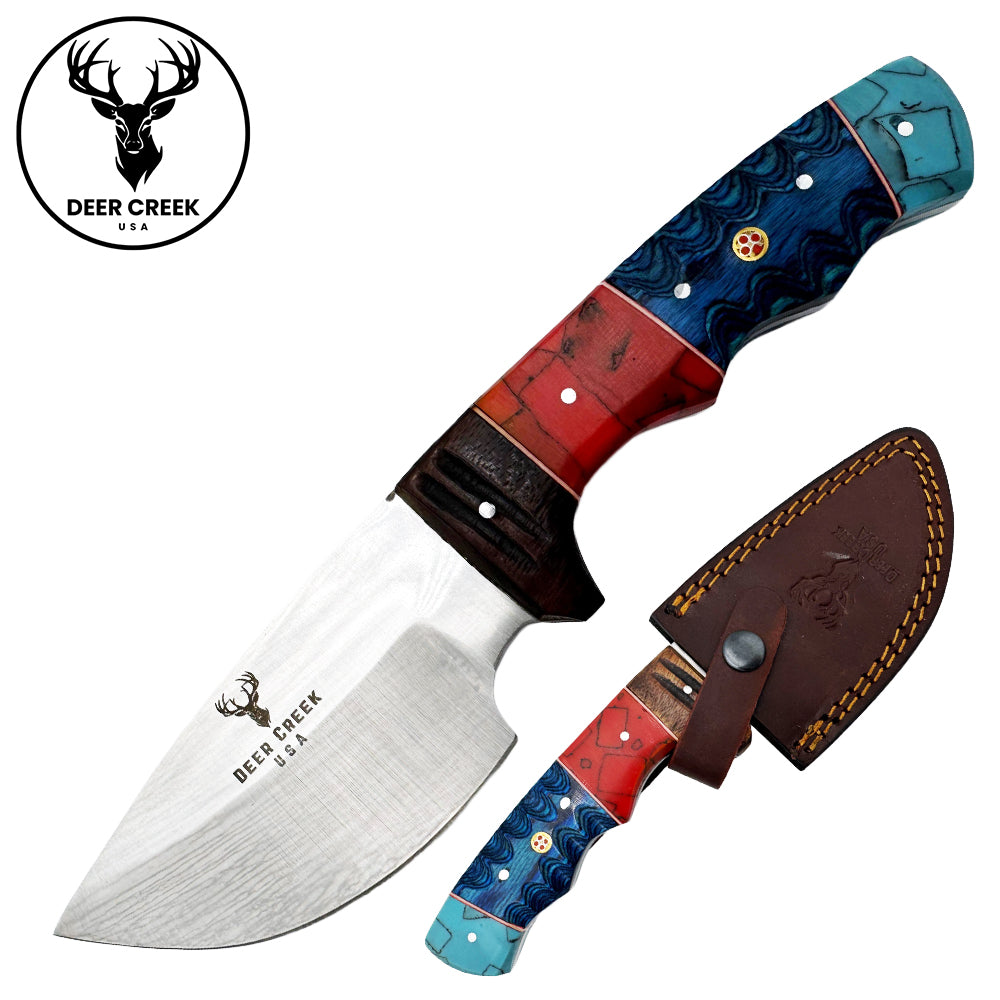 DC 004 9.5" Deer Creek Multi-Color Wood & Resin Hunting Knife with Leather Sheath