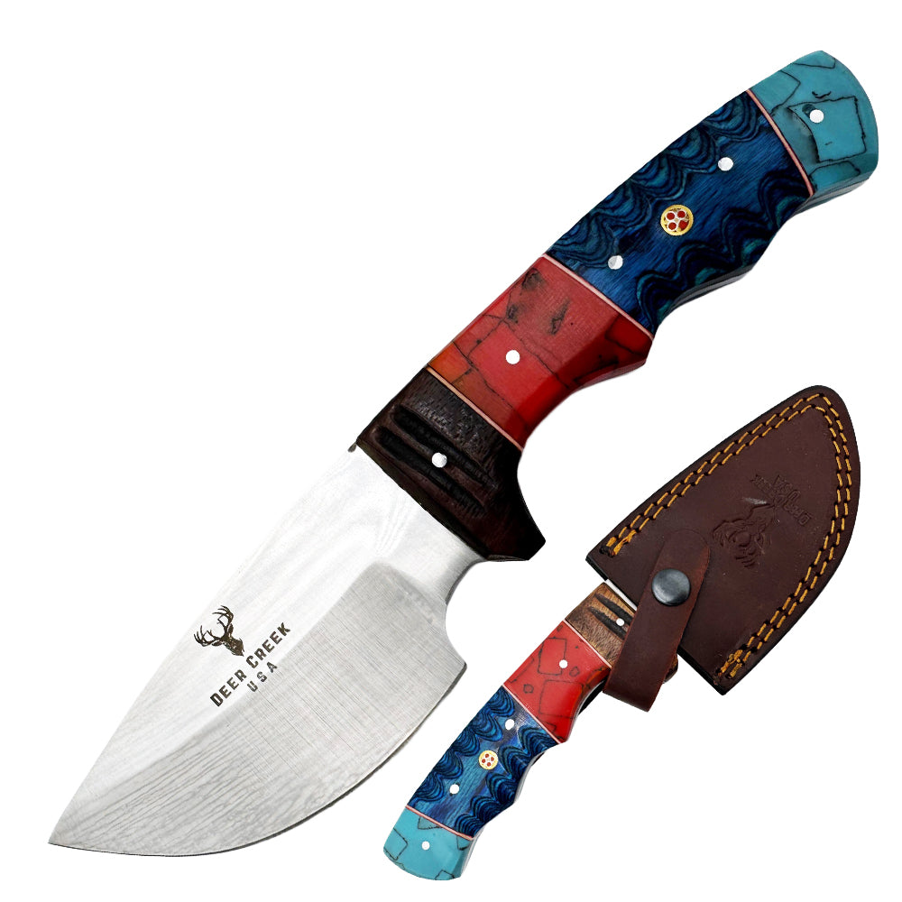 DC 004 9.5" Deer Creek Multi-Color Wood & Resin Hunting Knife with Leather Sheath
