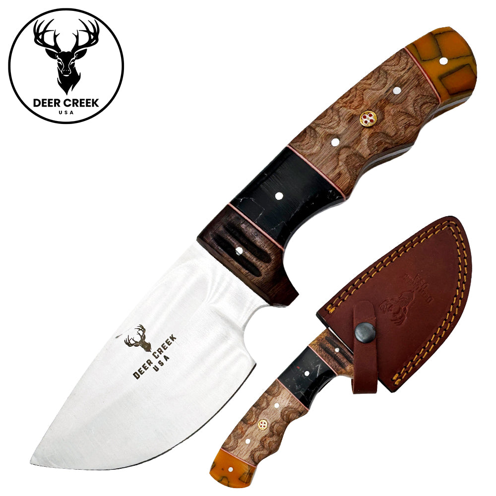 DC 005 9.5" Deer Creek Multi-Color Wood & Resin Hunting Knife with Leather Sheath