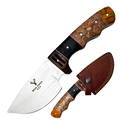 DC 005 9.5" Deer Creek Multi-Color Wood & Resin Hunting Knife with Leather Sheath
