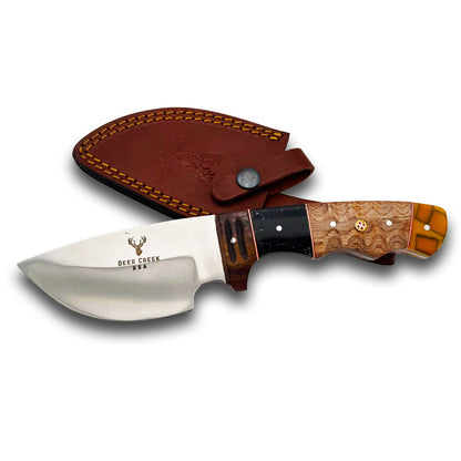 DC 005 9.5" Deer Creek Multi-Color Wood & Resin Hunting Knife with Leather Sheath