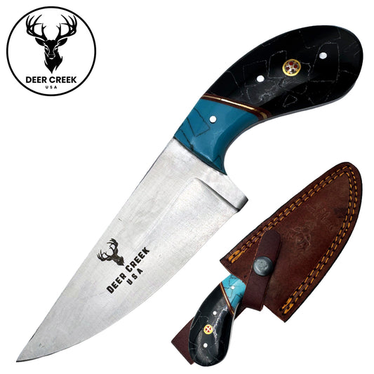 DC 006 7.25" Deer Creek Black & Turquoise Short Handle Skinner Knife with Leather Sheath
