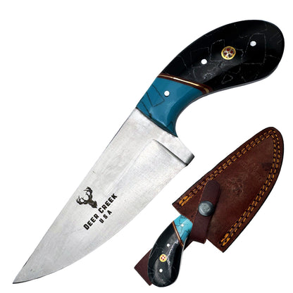DC 006 7.25" Deer Creek Black & Turquoise Short Handle Skinner Knife with Leather Sheath - Rex Distributor, Inc. Wholesale Licensed Products and T-shirts, Sporting goods,