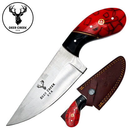 DC 007 7.25" Deer Creek Black & Red Short Handle Skinner Knife with Leather Sheath