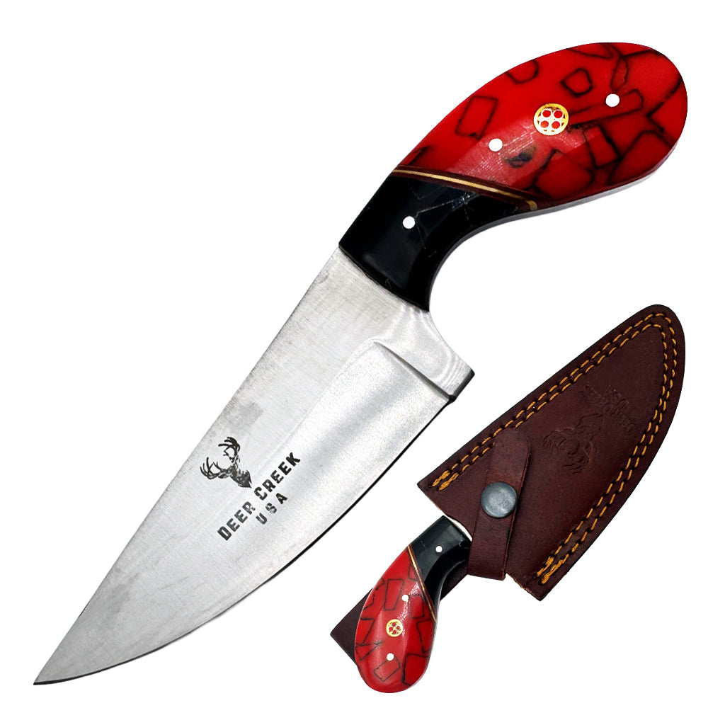 DC 007 7.25" Deer Creek Black & Red Short Handle Skinner Knife with Leather Sheath