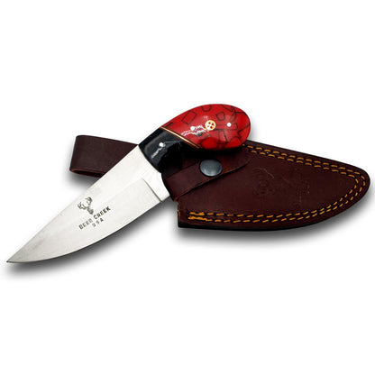 DC 007 7.25" Deer Creek Black & Red Short Handle Skinner Knife with Leather Sheath