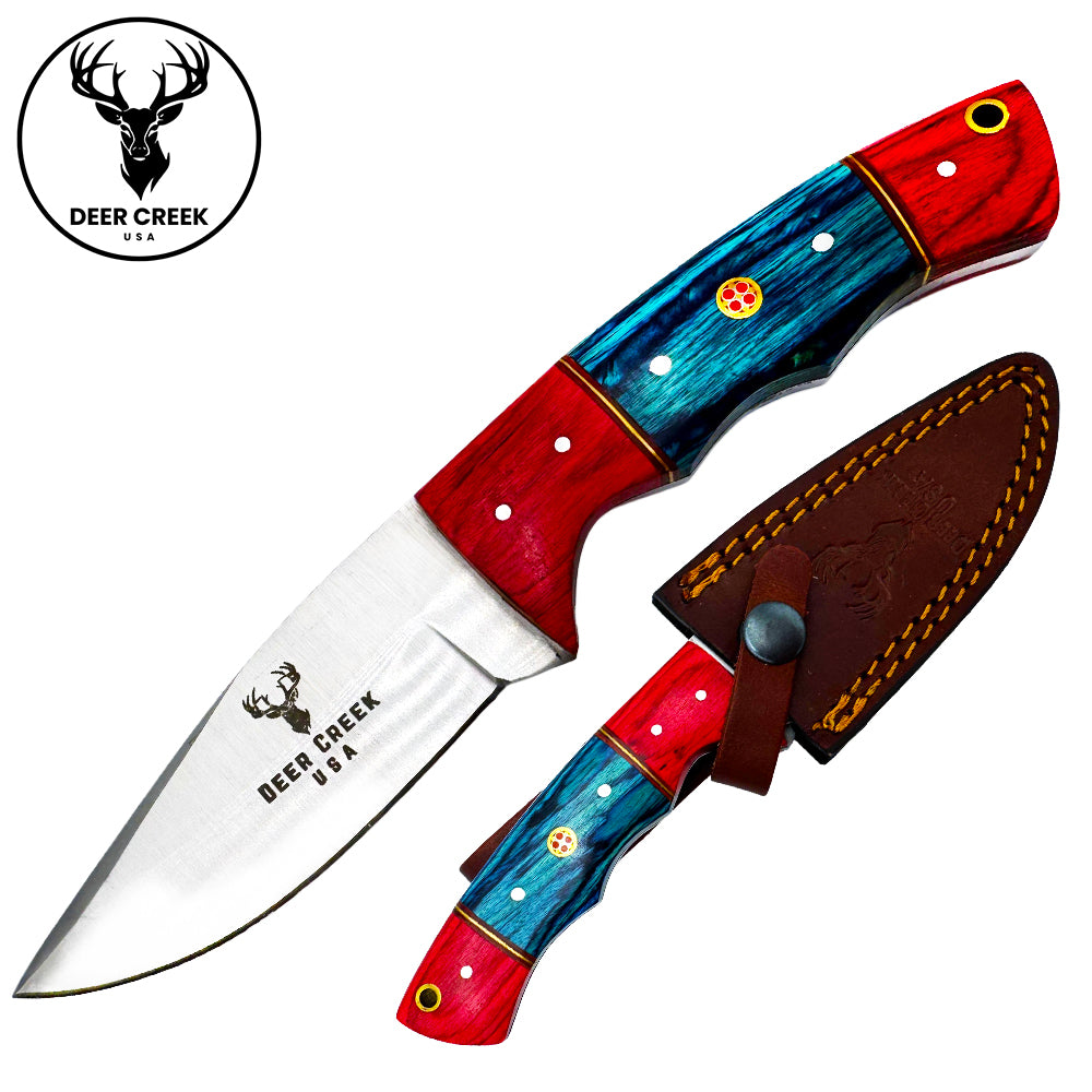 DC 008 8" Deer Creek Red & Blue Pakkawood Handle Hunting Knife with Leather Sheath - Rex Distributor, Inc. Wholesale Licensed Products and T-shirts, Sporting goods,