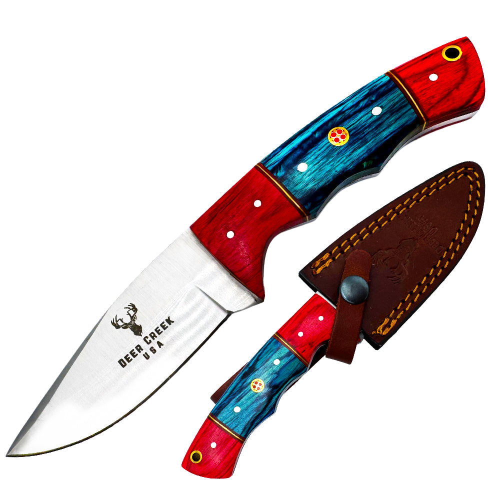 DC 008 8" Deer Creek Red & Blue Pakkawood Handle Hunting Knife with Leather Sheath - Rex Distributor, Inc. Wholesale Licensed Products and T-shirts, Sporting goods,