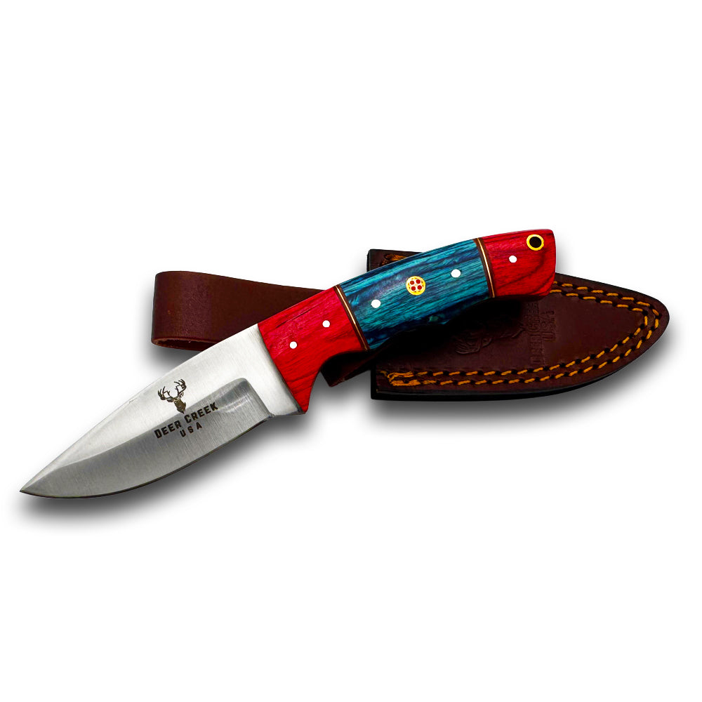 DC 008 8" Deer Creek Red & Blue Pakkawood Handle Hunting Knife with Leather Sheath - Rex Distributor, Inc. Wholesale Licensed Products and T-shirts, Sporting goods,