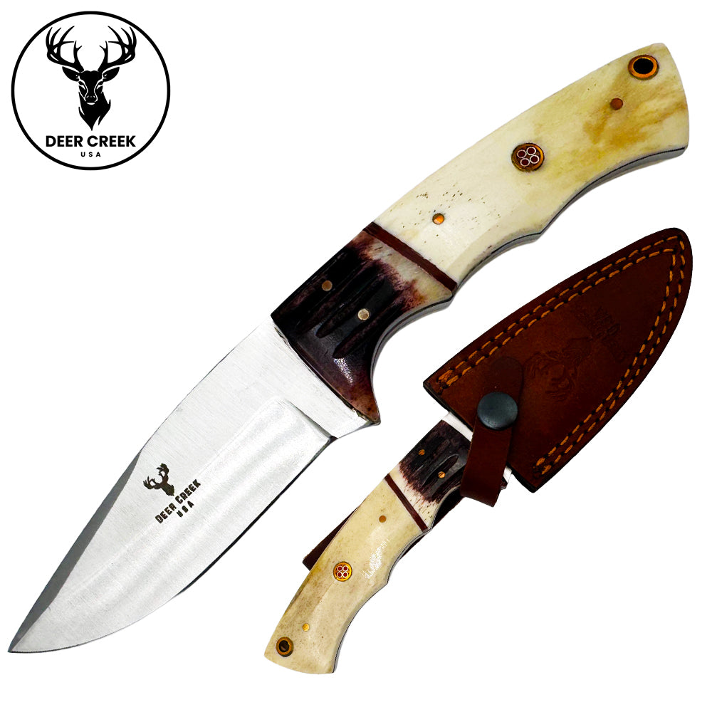 DC 010 8" Deer Creek Bovine Bone Handle Hunting Knife with Leather Sheath - Rex Distributor, Inc. Wholesale Licensed Products and T-shirts, Sporting goods,