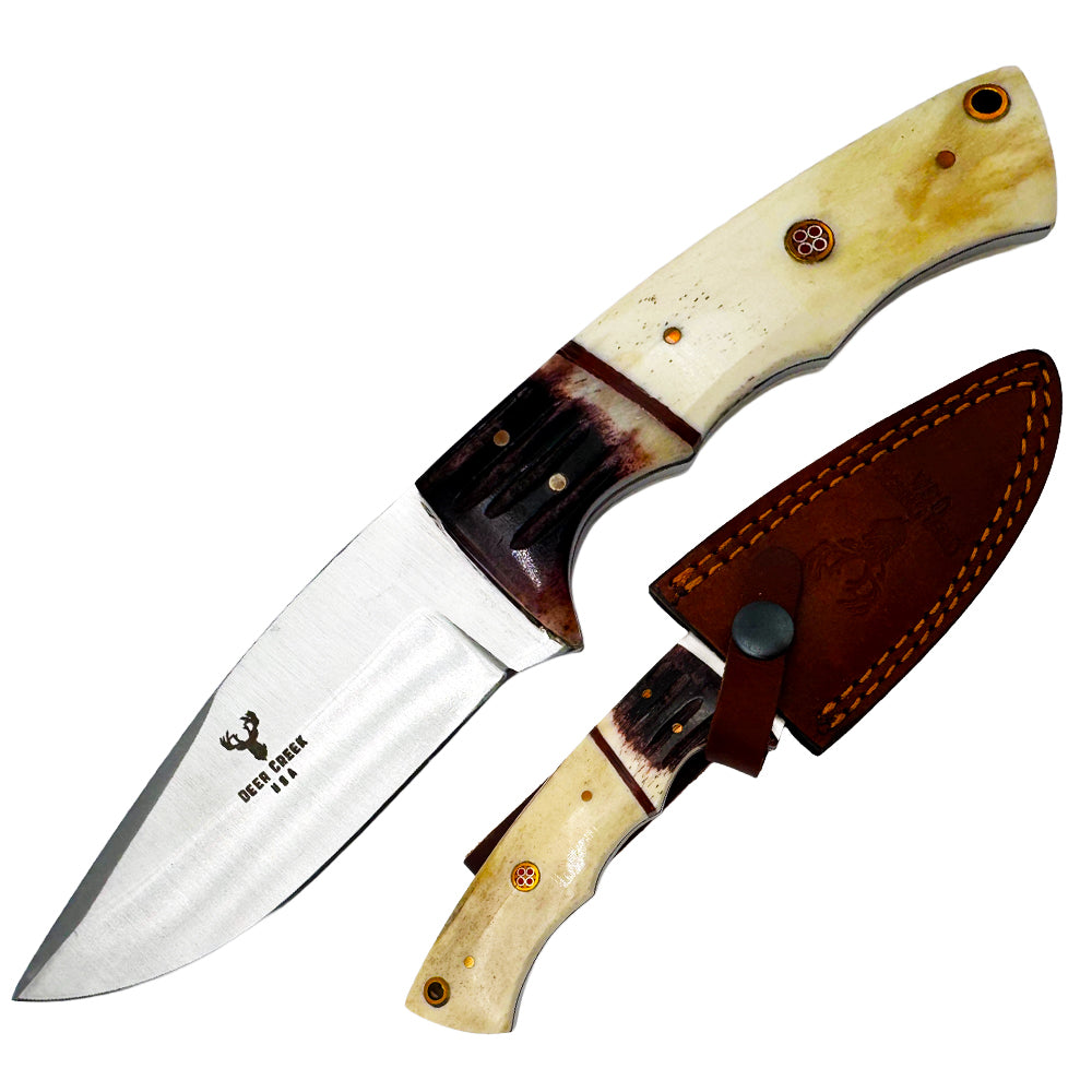 DC 010 8" Deer Creek Bovine Bone Handle Hunting Knife with Leather Sheath - Rex Distributor, Inc. Wholesale Licensed Products and T-shirts, Sporting goods,