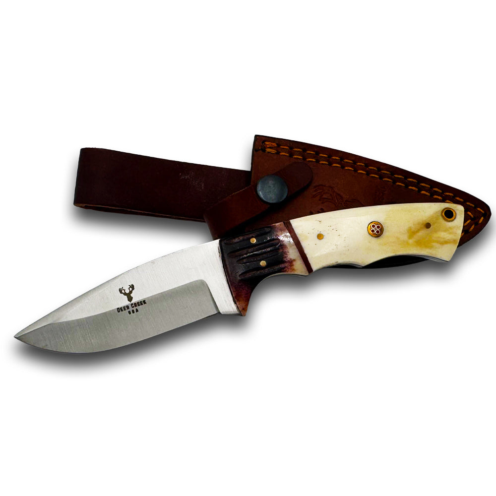 DC 010 8" Deer Creek Bovine Bone Handle Hunting Knife with Leather Sheath - Rex Distributor, Inc. Wholesale Licensed Products and T-shirts, Sporting goods,