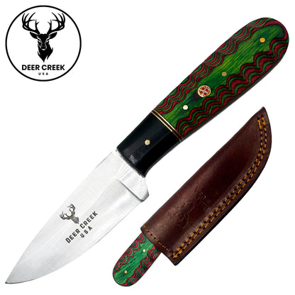 DC 012 8" Deer Creek Green & Black Spilt Pakkawood Handle Hunting Knife with Leather Sheath - Rex Distributor, Inc. Wholesale Licensed Products and T-shirts, Sporting goods,