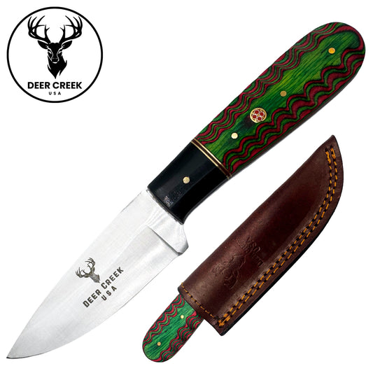 DC 012 8" Deer Creek Green & Black Spilt Pakkawood Handle Hunting Knife with Leather Sheath