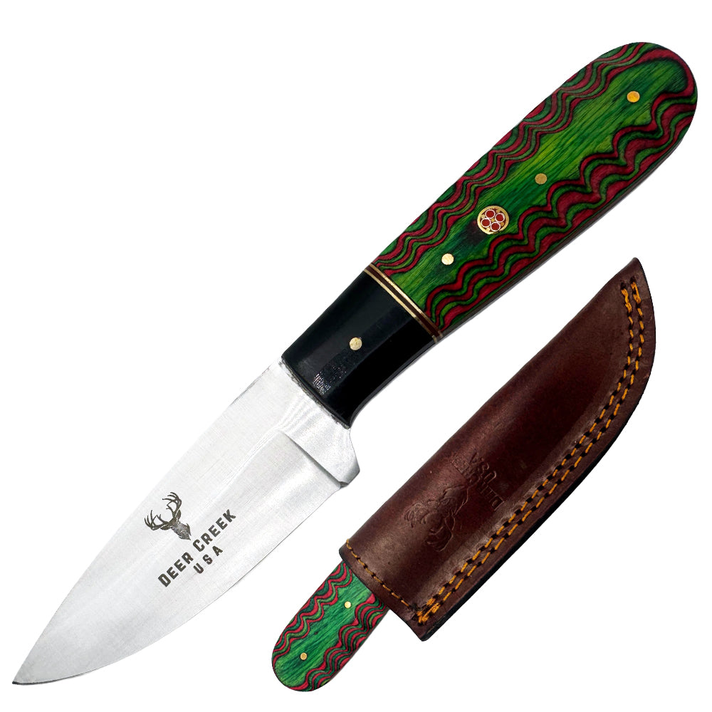 DC 012 8" Deer Creek Green & Black Spilt Pakkawood Handle Hunting Knife with Leather Sheath - Rex Distributor, Inc. Wholesale Licensed Products and T-shirts, Sporting goods,