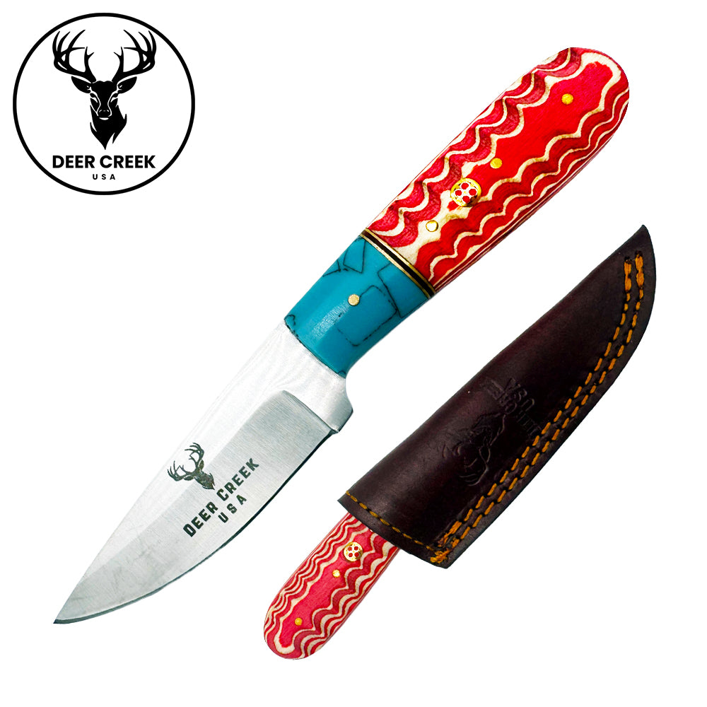 DC 013 7" Deer Creek Red & Turquoise Spilt Pakkawood Handle Hunting Knife with Leather Sheath - Rex Distributor, Inc. Wholesale Licensed Products and T-shirts, Sporting goods,