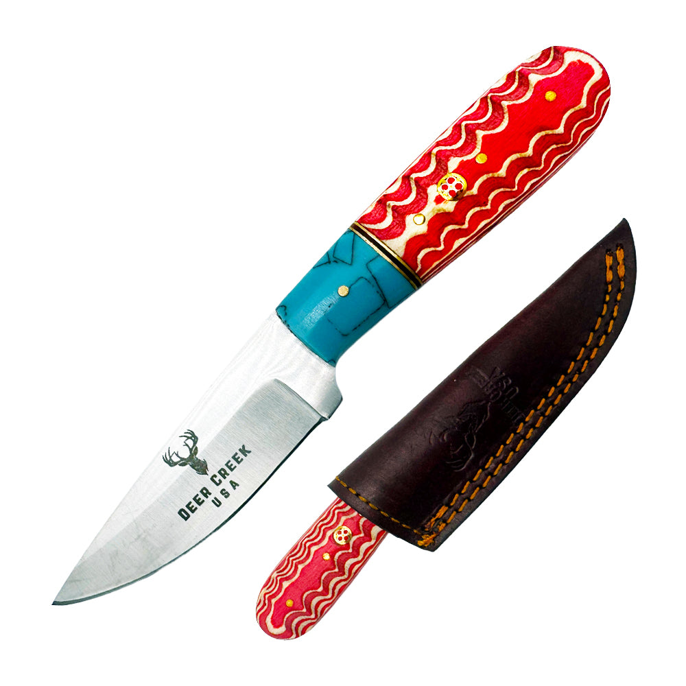 DC 013 7" Deer Creek Red & Turquoise Spilt Pakkawood Handle Hunting Knife with Leather Sheath - Rex Distributor, Inc. Wholesale Licensed Products and T-shirts, Sporting goods,