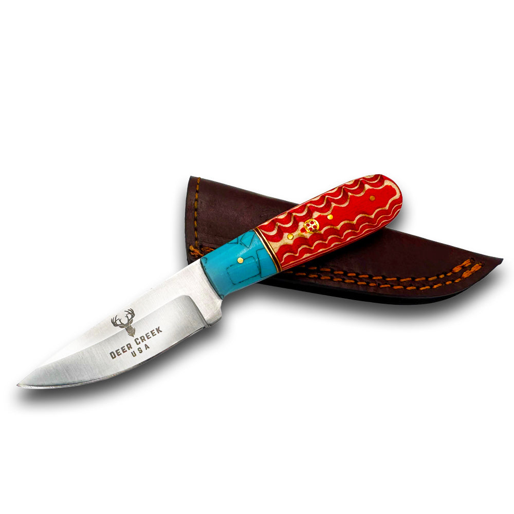 DC 013 7" Deer Creek Red & Turquoise Spilt Pakkawood Handle Hunting Knife with Leather Sheath - Rex Distributor, Inc. Wholesale Licensed Products and T-shirts, Sporting goods,