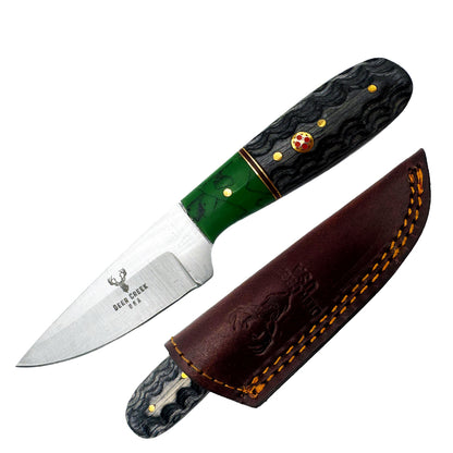 DC 014 6" Deer Creek Black & Green Spilt Pakkawood Handle Hunting Knife with Leather Sheath - Rex Distributor, Inc. Wholesale Licensed Products and T-shirts, Sporting goods,