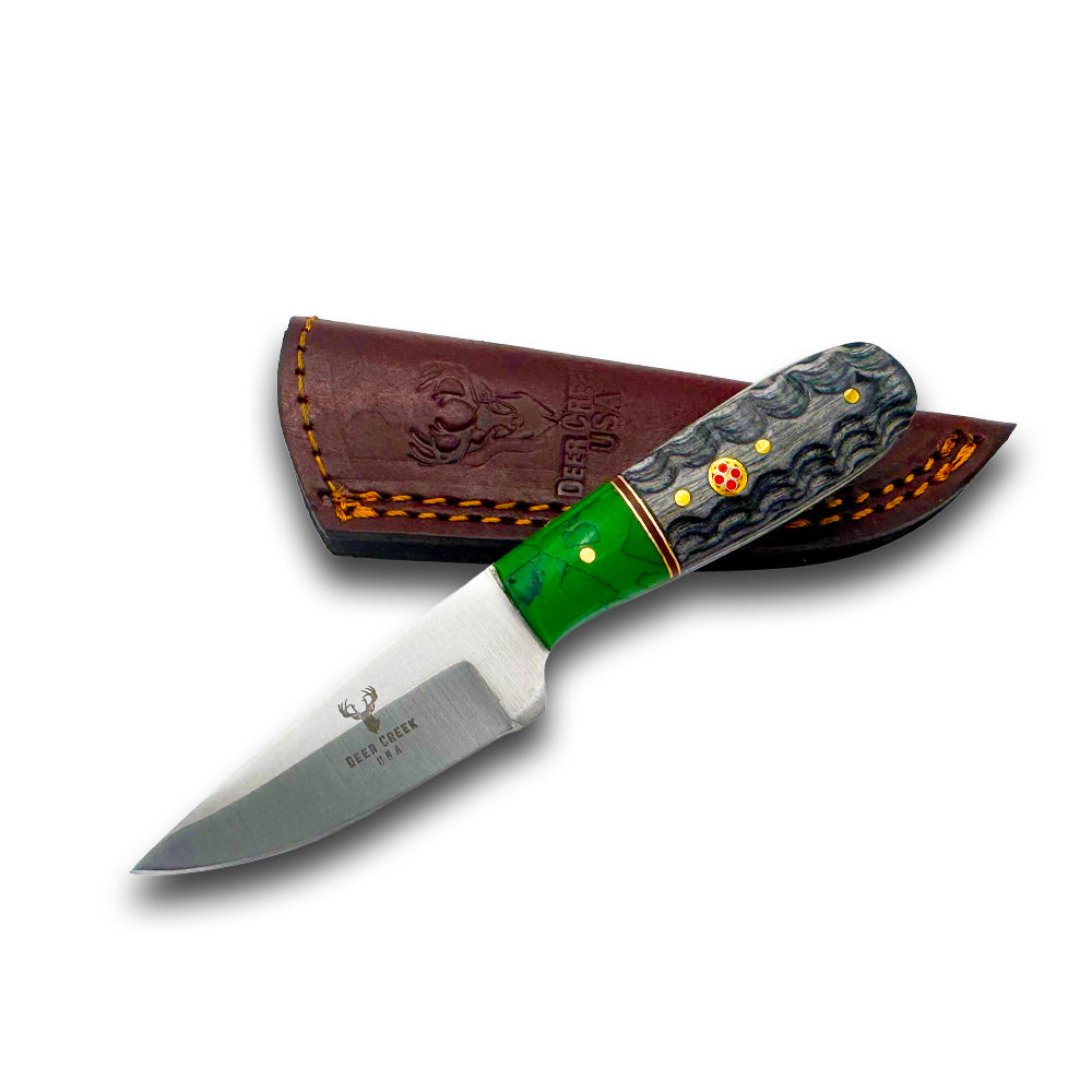 DC 014 6" Deer Creek Black & Green Spilt Pakkawood Handle Hunting Knife with Leather Sheath - Rex Distributor, Inc. Wholesale Licensed Products and T-shirts, Sporting goods,