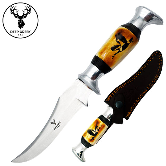 DC 015 10" Deer Creek Goose Design Bovine Bone Handle Hunting Knife with Leather Sheath