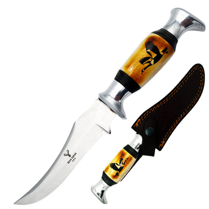 DC 015 10" Deer Creek Goose Design Bovine Bone Handle Hunting Knife with Leather Sheath
