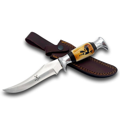 DC 015 10" Deer Creek Goose Design Bovine Bone Handle Hunting Knife with Leather Sheath