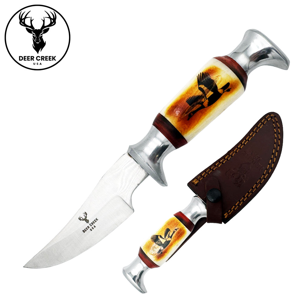 DC 016 8.5" Deer Creek Goose Design Bovine Bone Handle Hunting Knife with Leather Sheath