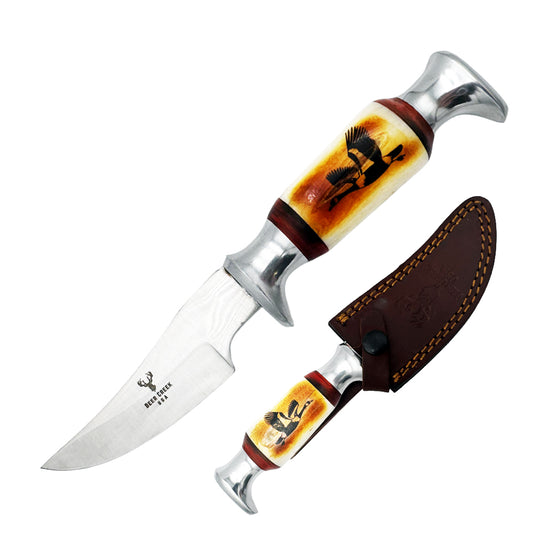 DC 016 8.5" Deer Creek Goose Design Bovine Bone Handle Hunting Knife with Leather Sheath
