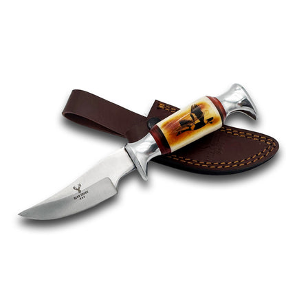 DC 016 8.5" Deer Creek Goose Design Bovine Bone Handle Hunting Knife with Leather Sheath