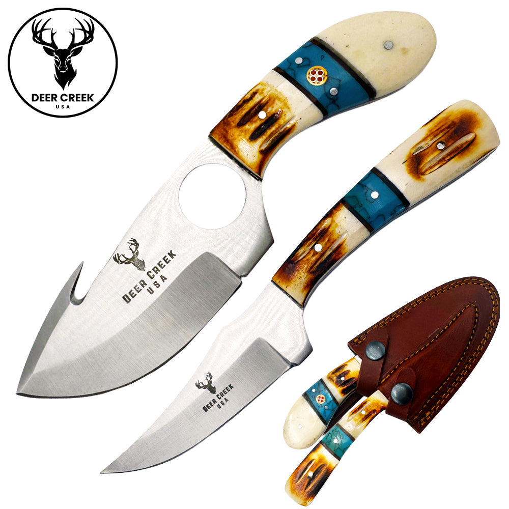 Deer Creek DC 017 7.25-inch hunting knife set with two knives and leather sheath, ideal for outdoor hunting and camping.
