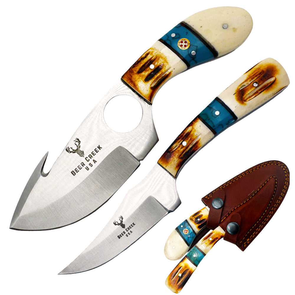 Deer Creek DC 017 7.25-inch hunting knife set with two knives and leather sheaths, suitable for outdoor hunting and camping.