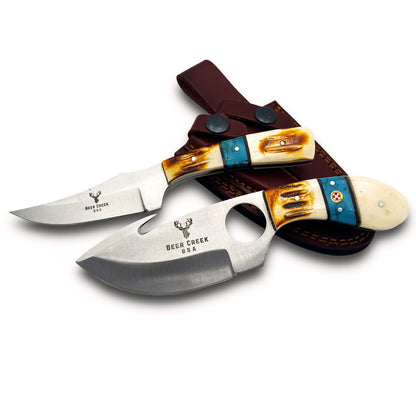 Deer Creek DC 017 7.25-inch hunting knife set with two knives in leather sheaths, ideal for outdoor hunting and camping.