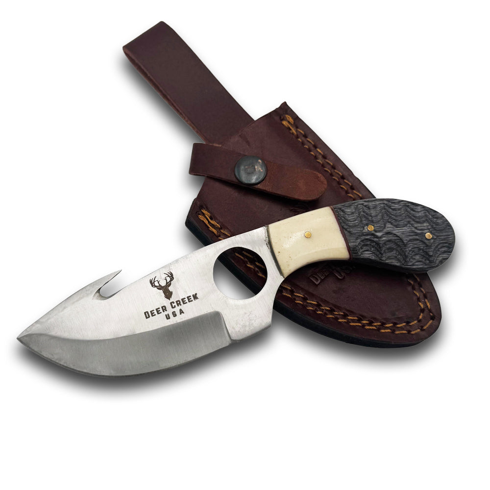 DC 018 7.25" Deer Creek Black Pakkawood & Bovine Bone Gut Hook Hunting Knife with Leather Sheath - Rex Distributor, Inc. Wholesale Licensed Products and T-shirts, Sporting goods,