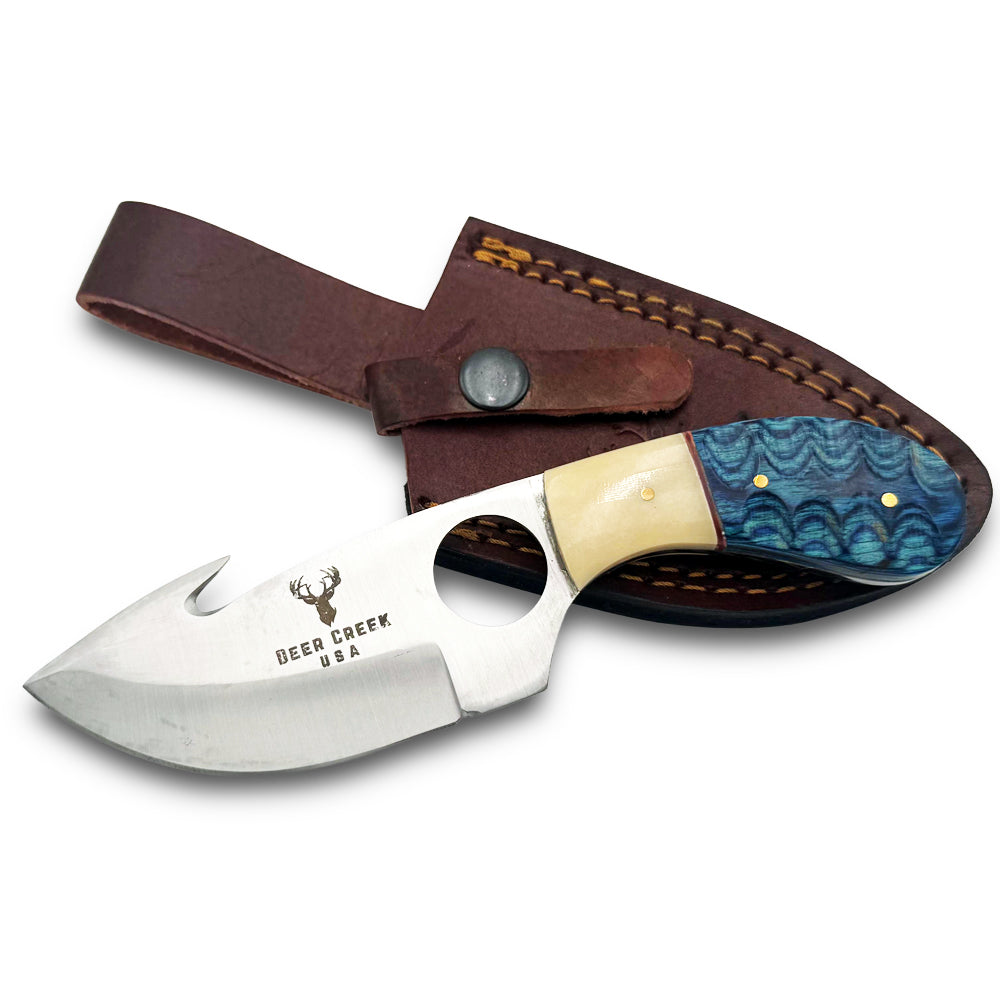 DC 019 7.25" Deer Creek Blue Pakkawood & Bovine Bone Gut Hook Hunting Knife with Leather Sheath - Rex Distributor, Inc. Wholesale Licensed Products and T-shirts, Sporting goods,