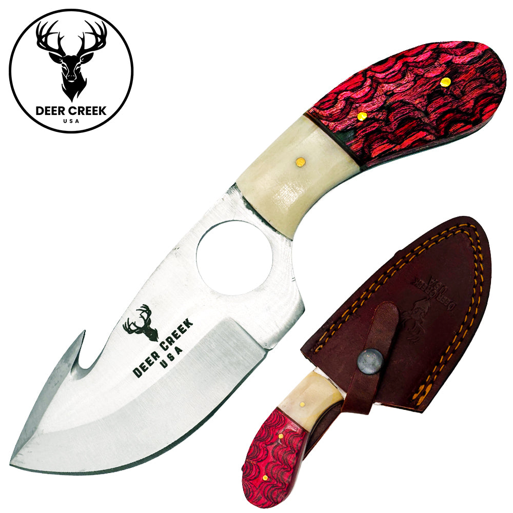 DC 020 7.25" Deer Creek Red Pakkawood & Bovine Bone Gut Hook Hunting Knife with Leather Sheath - Rex Distributor, Inc. Wholesale Licensed Products and T-shirts, Sporting goods,