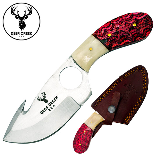 DC 020 7.25" Deer Creek Red Pakkawood & Bovine Bone Gut Hook Hunting Knife with Leather Sheath - Rex Distributor, Inc. Wholesale Licensed Products and T-shirts, Sporting goods,