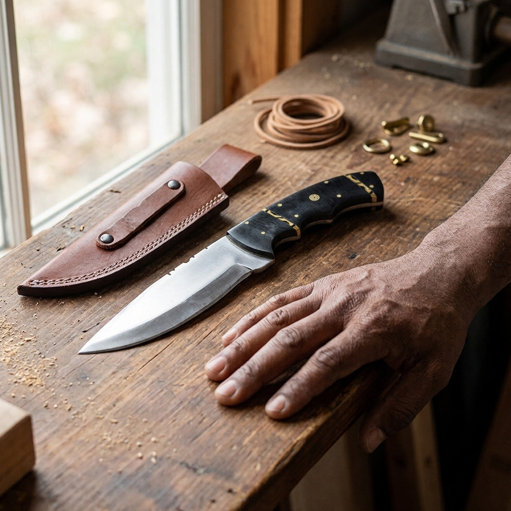 DC 778-BK 10" Deer Creek Black Acrylic Handle Hunting Knife with Leather Sheath