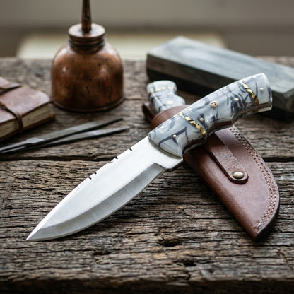 DC 778-BK 10" Deer Creek Black Acrylic Handle Hunting Knife with Leather Sheath
