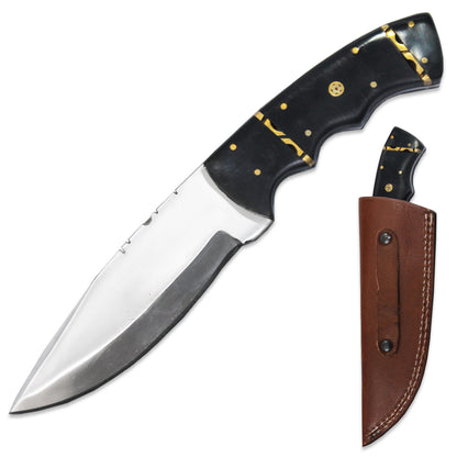 Deer Creek 10-inch Deer Creek Black Acrylic Handle Hunting Knife with leather sheath, showcasing its sturdy blade and handle.
