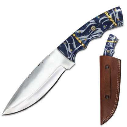 Deer Creek 10-inch Deer Creek Blue acrylic handle hunting knife with leather sheath, featuring a sharp blade and sturdy grip.