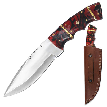 Deer Creek 10-inch brown acrylic handle hunting knife with leather sheath, featuring a sharp blade and sturdy design for outdoor use.