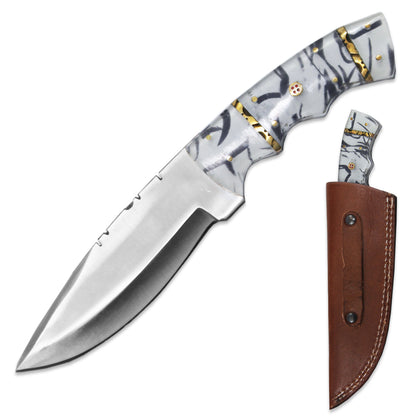 Deer Creek 10-inch Deer Creek-EH hunting knife with white acrylic handle and leather sheath, outdoor gear for hunting activities.