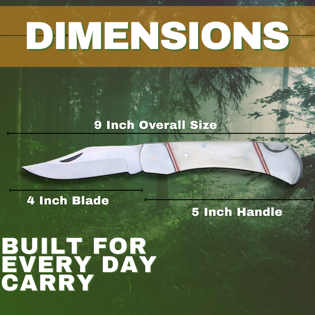 PK 116-BN 5" White Bone Handle Folding Pocket Knife with Leather Sheath