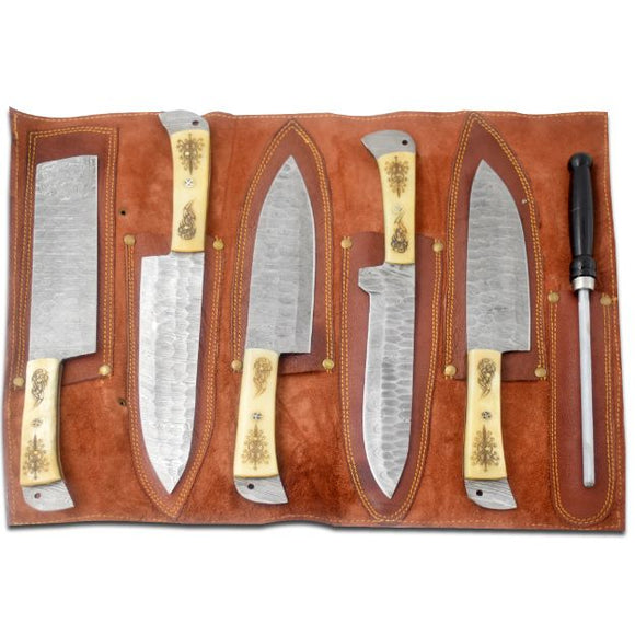 DM 34 5 Piece Damascus Kitchen Knife Set with Sharpening Rod & Leather Roll Carrying Case