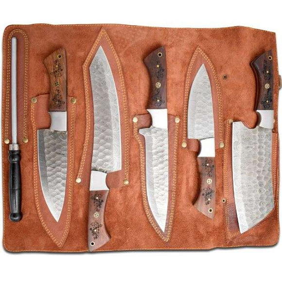 DM 35 5 Piece Damascus Kitchen Knife Set with Sharpening Rod & Leather Roll Carrying Case