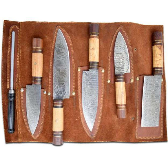 DM 36 5 Piece Damascus Kitchen Knife Set with Sharpening Rod & Leather Roll Carrying Case