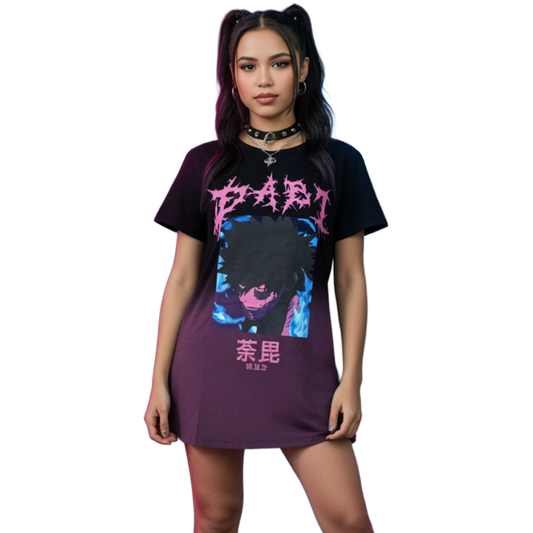 My Hero Academia Dabi dip-dye T-shirt dress by Bioworld, featuring Dabi's design with a vibrant dip-dye pattern and casual fit.