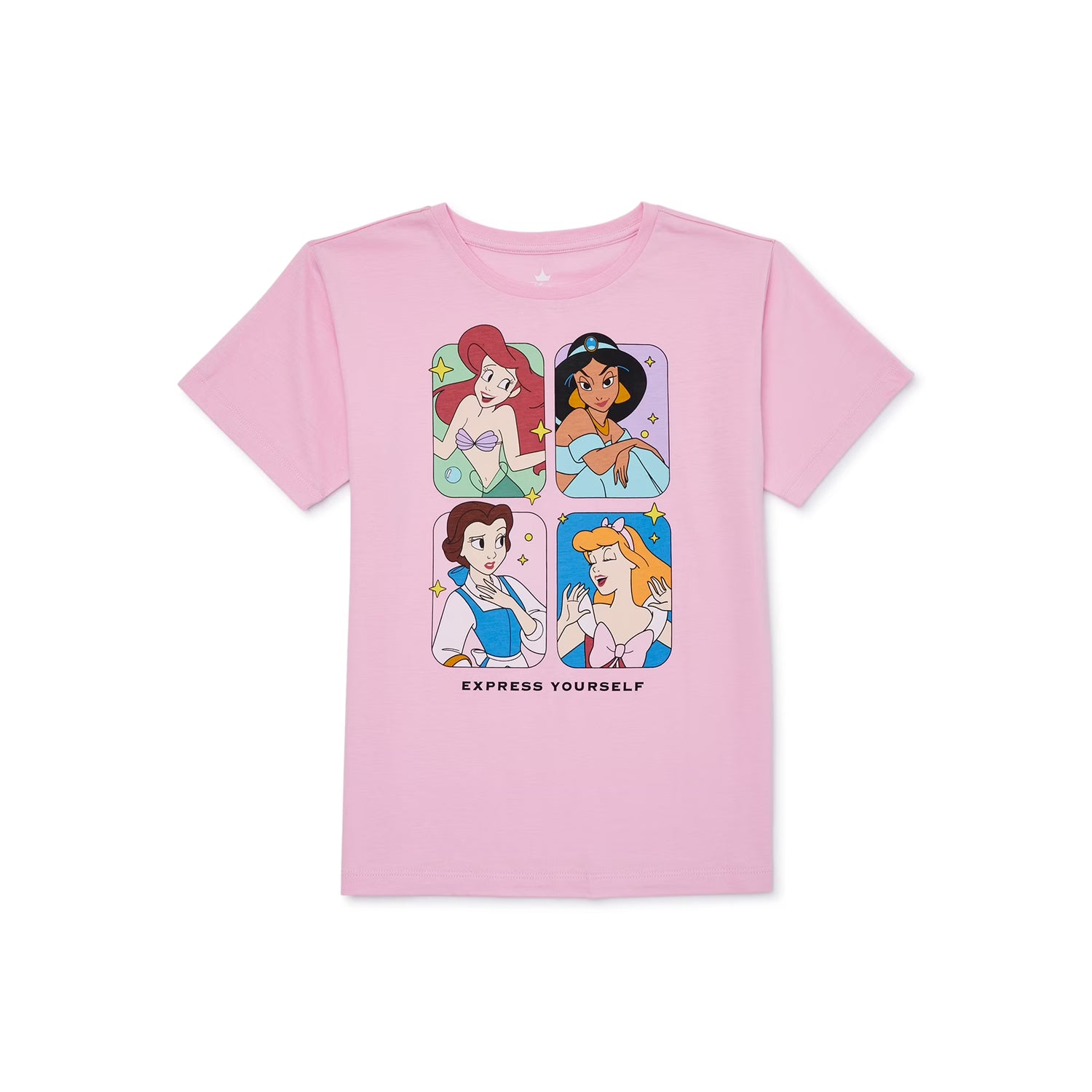 Girl's Disney Princesses Express Yourself short sleeve graphic T-shirt by Mad Engine, featuring colorful princess designs and crew neck.