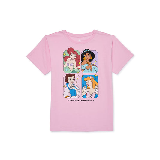Girl's Disney Princesses Express Yourself short sleeve graphic T-shirt by Mad Engine, featuring colorful princess designs and crew neck.